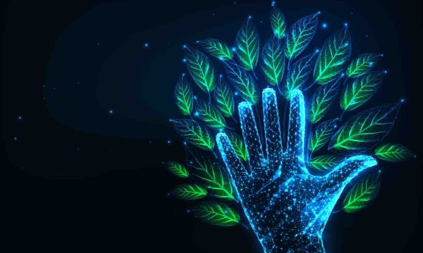 Futuristic environmental responsibility concept with glowing low polygonal tree made of human hand and green leaves on dark blue background. Modern wire frame mesh design vector illustration.